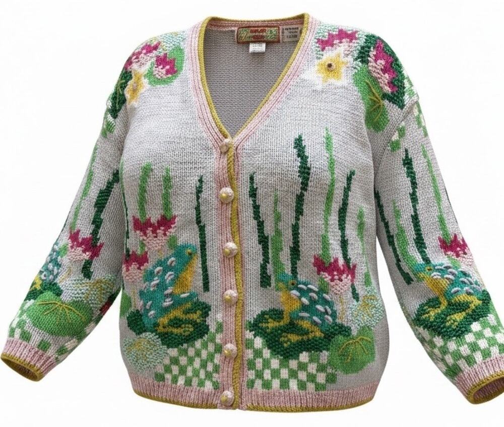VTG 90s Hand Knit Cardigan Sweater FROGS Fairy Tale Grandma Teacher Lily Pads XL